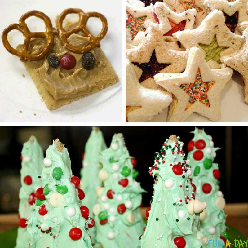Three Christmas snack ideas, including a graham cracker reindeer, star window sandwiches, and Christmas tree cones.