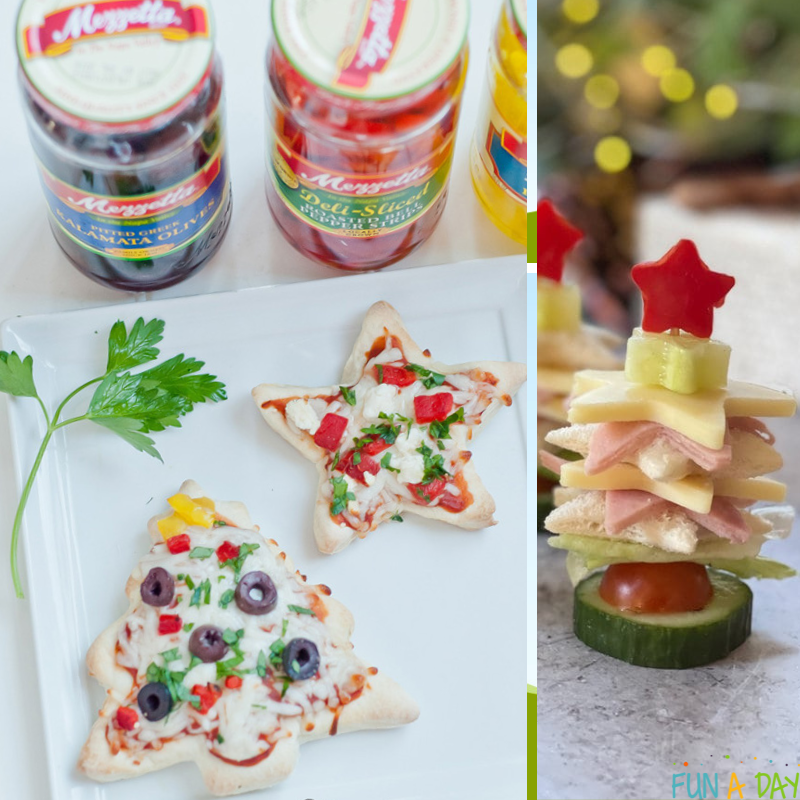 Two Christmas snack ideas for kids, including holiday cookie cutter pizzas and Christmas tree sandwiches.