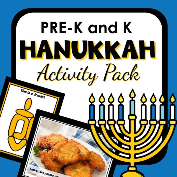 Activities from the Hanukkah activity pack, a Menorah illustration, and text that reads PRE-K and K Hanukkah Activity Pack.