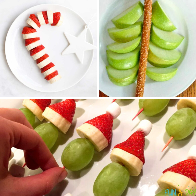 Two healthy Christmas snack ideas, including fruit candy cane, apple and pretzel Christmas tree, and healthy Grinch kabobs.