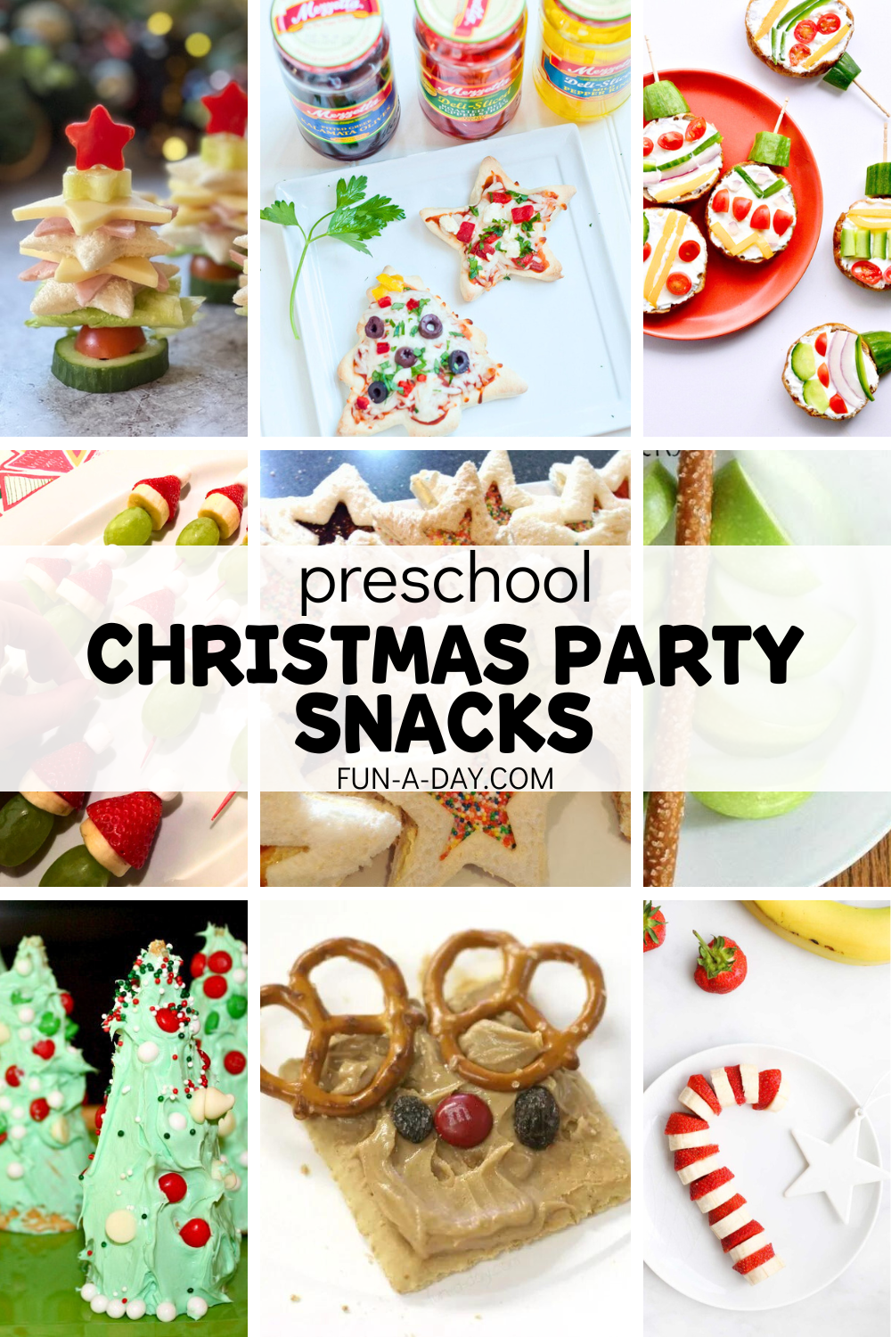 Nine Christmas snack ideas for kids with text that reads preschool Christmas party snacks.