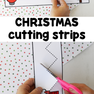 Preschooler tracing and cutting a printable with text that reads christmas cutting strips