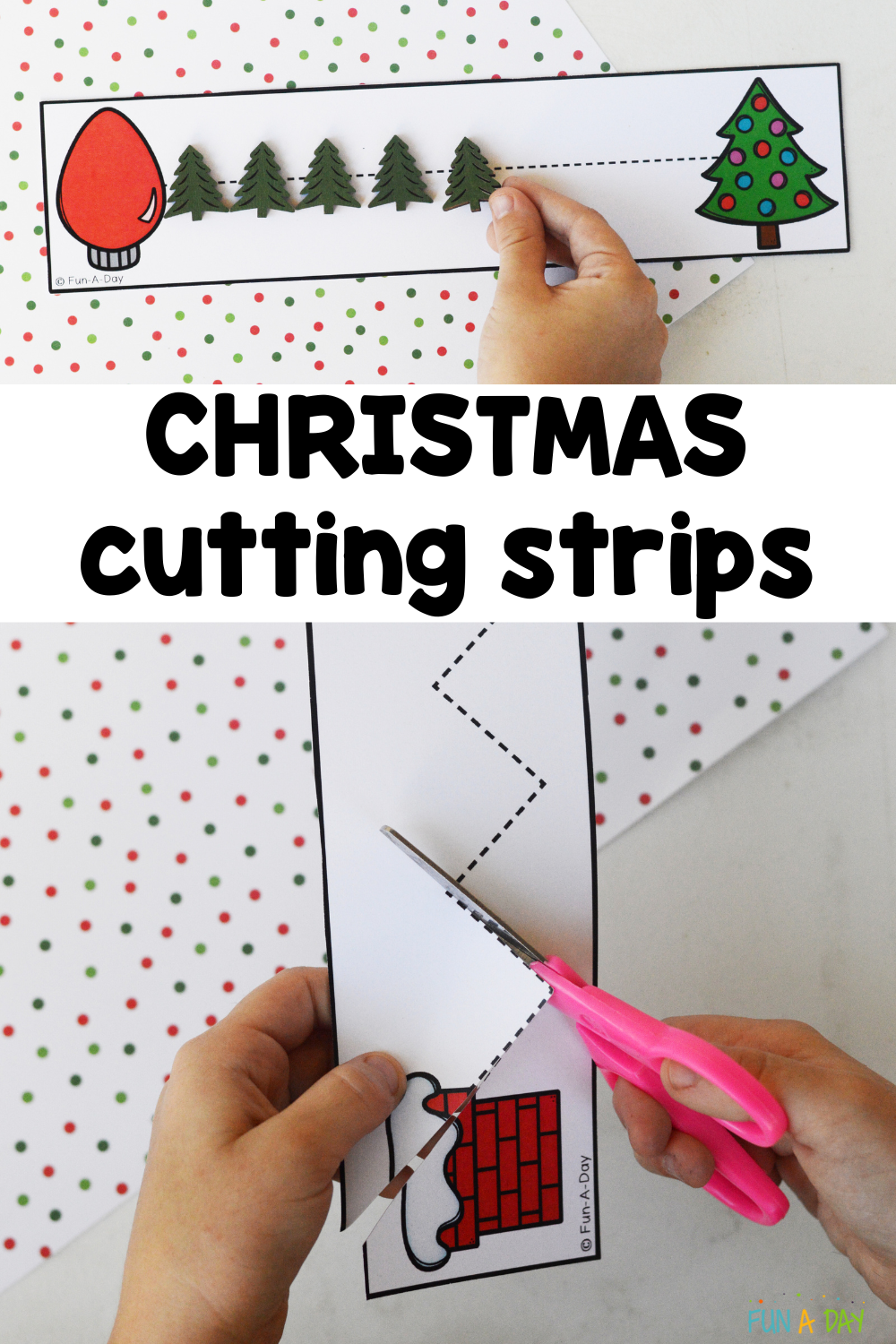 Preschooler tracing and cutting a printable with text that reads christmas cutting strips