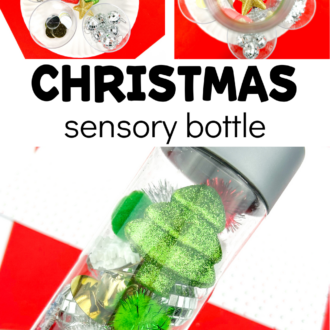 multiple views of pom pom sensory jar with text that reads christmas sensory bottle