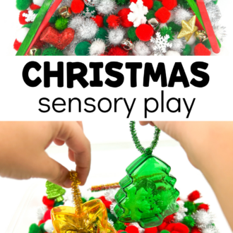 colorful pom poms and toys in a bin with child playing and text that reads christmas sensory play