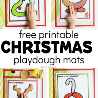 child using dough to make stocking, gingerbread, reindeer, and ornament, with text that reads free printable christmas playdough mats