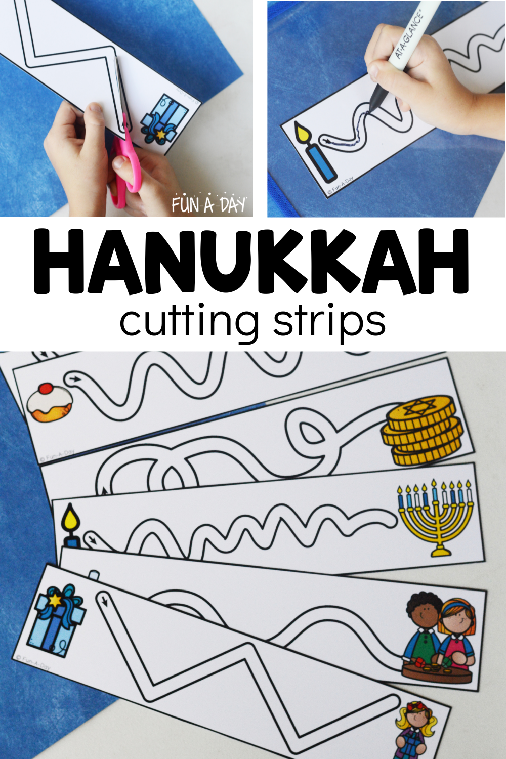 Set of Hanukkah tracing strips with two ways to use them. Text that reads Hanukkah cutting strips.