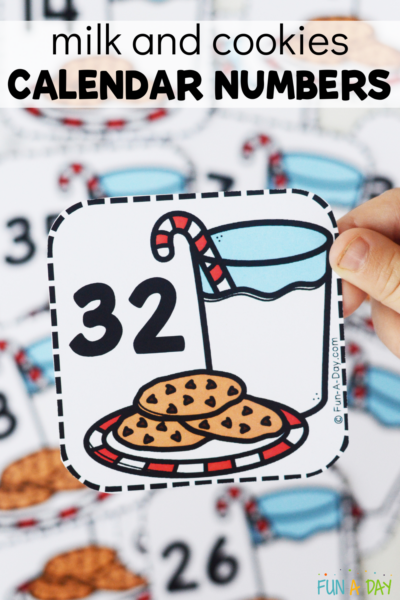 Number 32 Milk and cookies calendar numbers with other calendar numbers splayed out in the background. Text that reads milk and cookies calendar numbers.