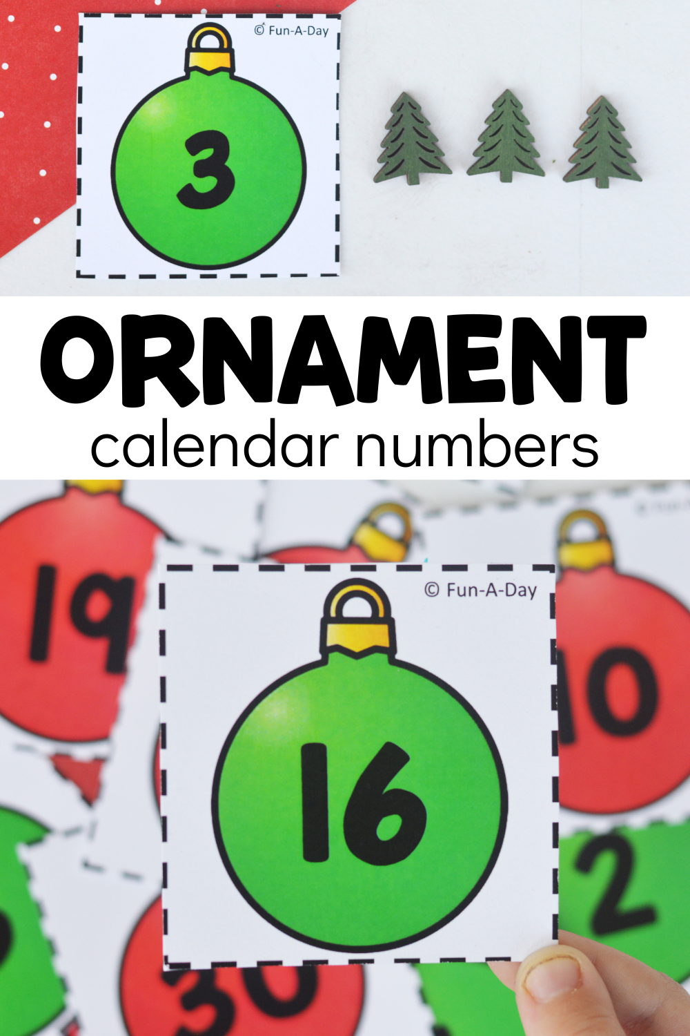 close up of number 16 card and number 3 with trees by it with text that reads ornament calendar numbers