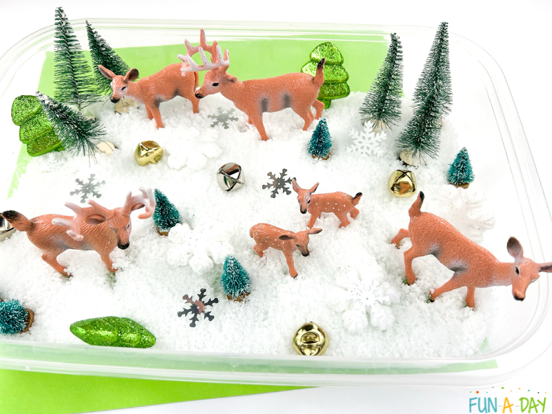 reindeer sensory bin ready for children to use