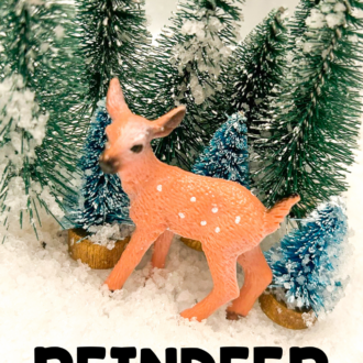 reindeer toy in sensory snow with fake trees and text that reads reindeer sensory bin
