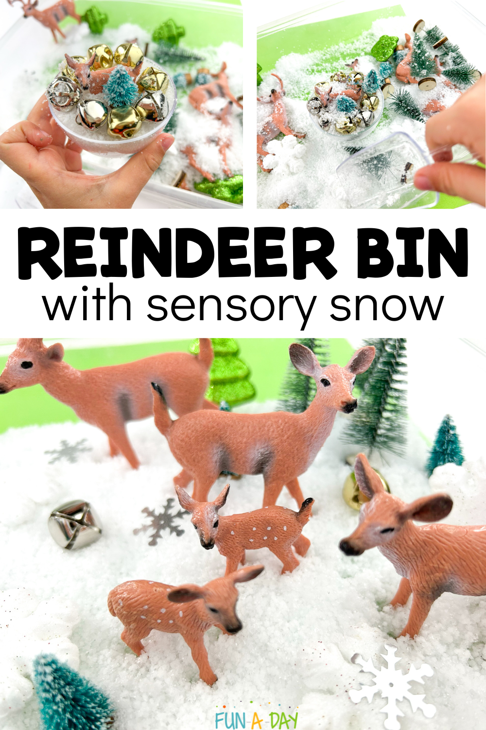 small bin with sensory snow, bells, small trees, and reindeer toys with text that reads reindeer bin with sensory snow