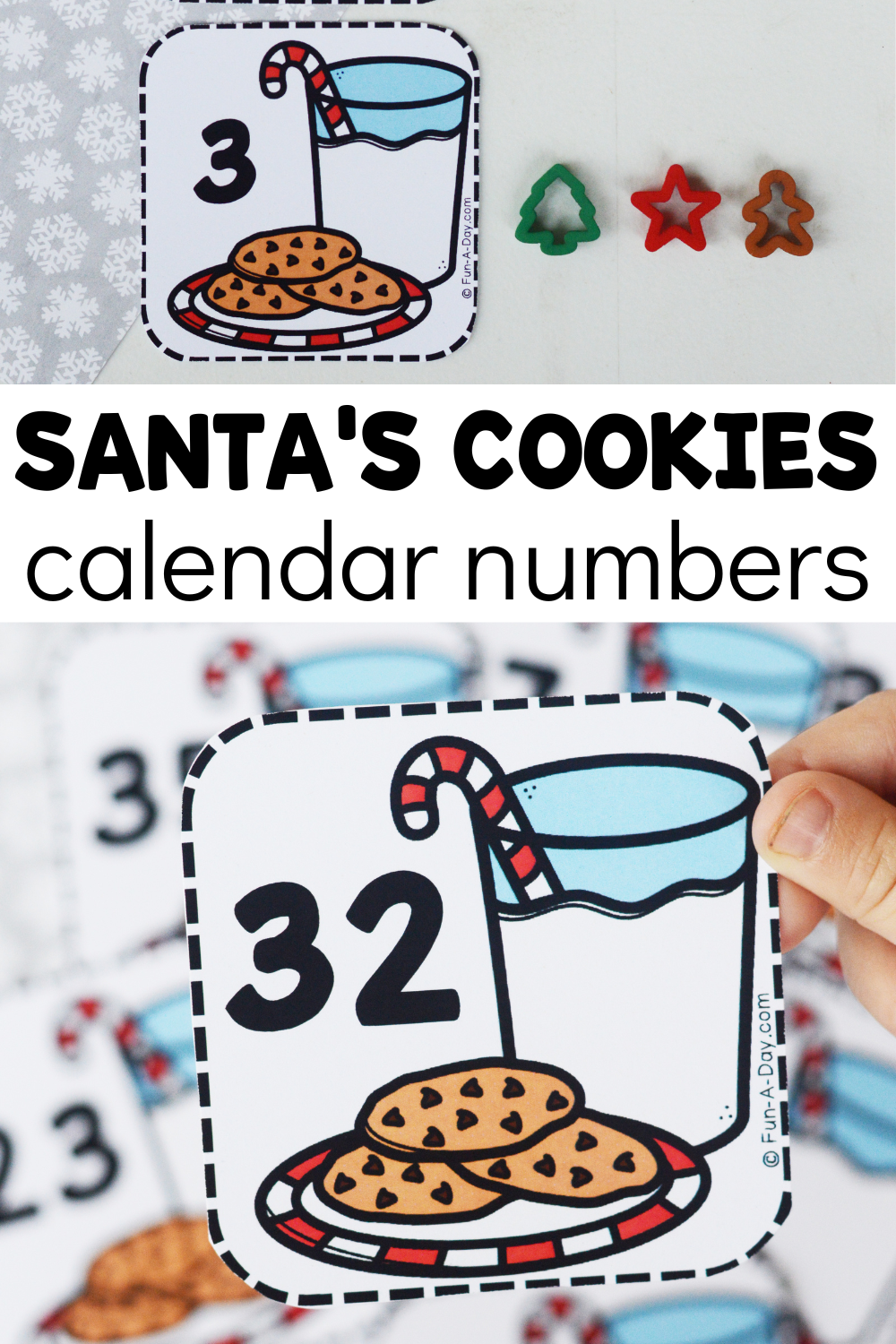 Number 32 Milk and cookies calendar numbers with other calendar numbers splayed out in the background. One activity idea for the calendar numbers. Text that reads Santa's cookies calendar numbers.