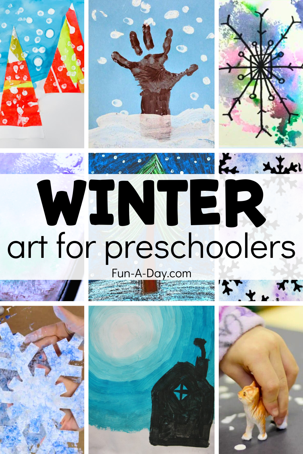 10 winter art project ideas for kids with text that reads winter art for preschoolers.