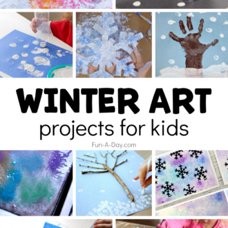 10 winter art project ideas for kids with text that reads winter art projects for kids.