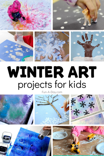 10 winter art project ideas for kids with text that reads winter art projects for kids.