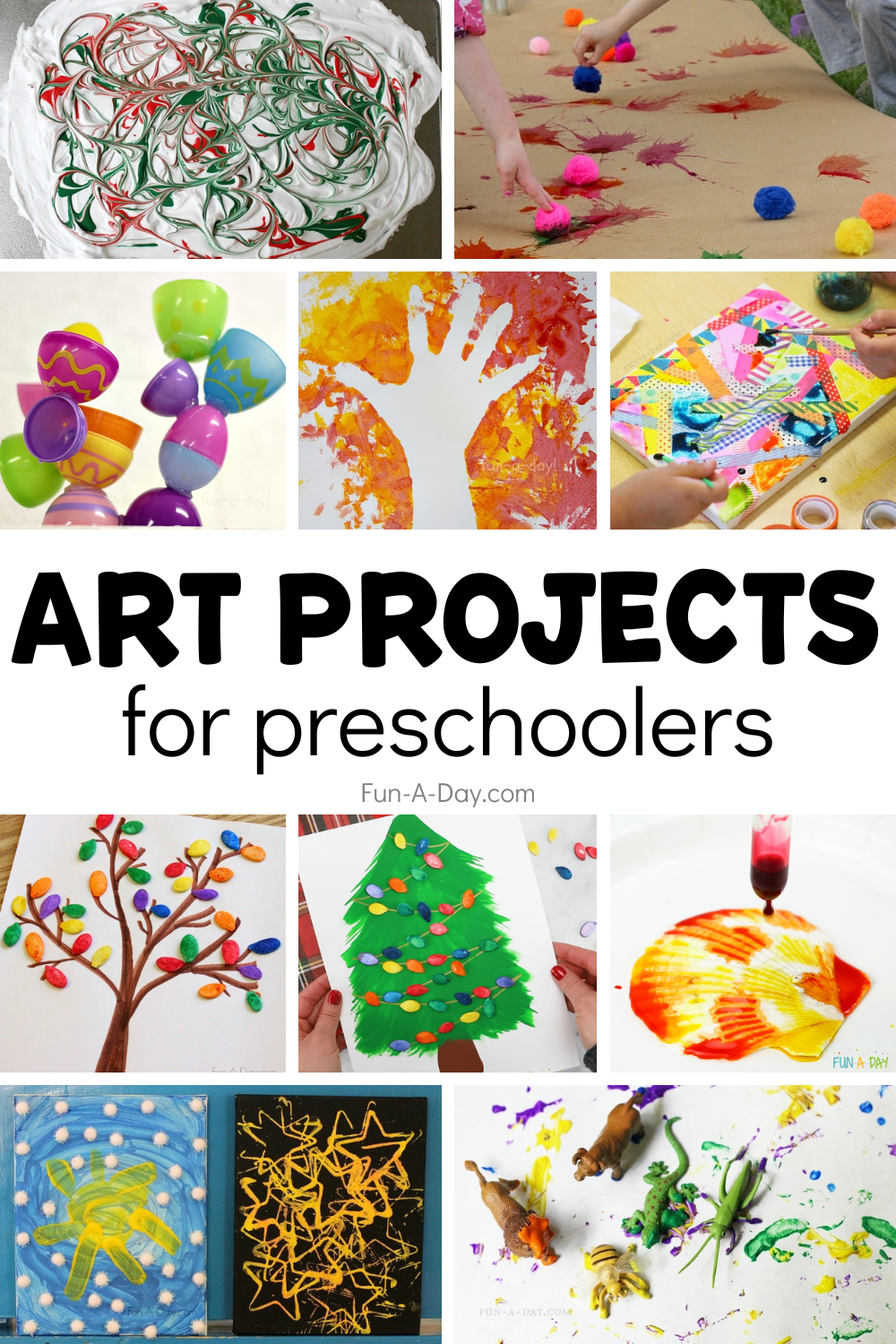 multiple art activities with text that reads art projects for preschoolers