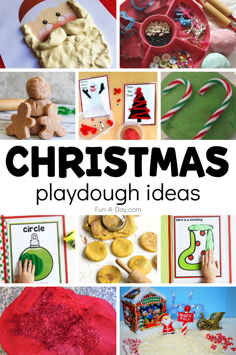 multiple christmas playdough activities with text that reads christmas playdough ideas
