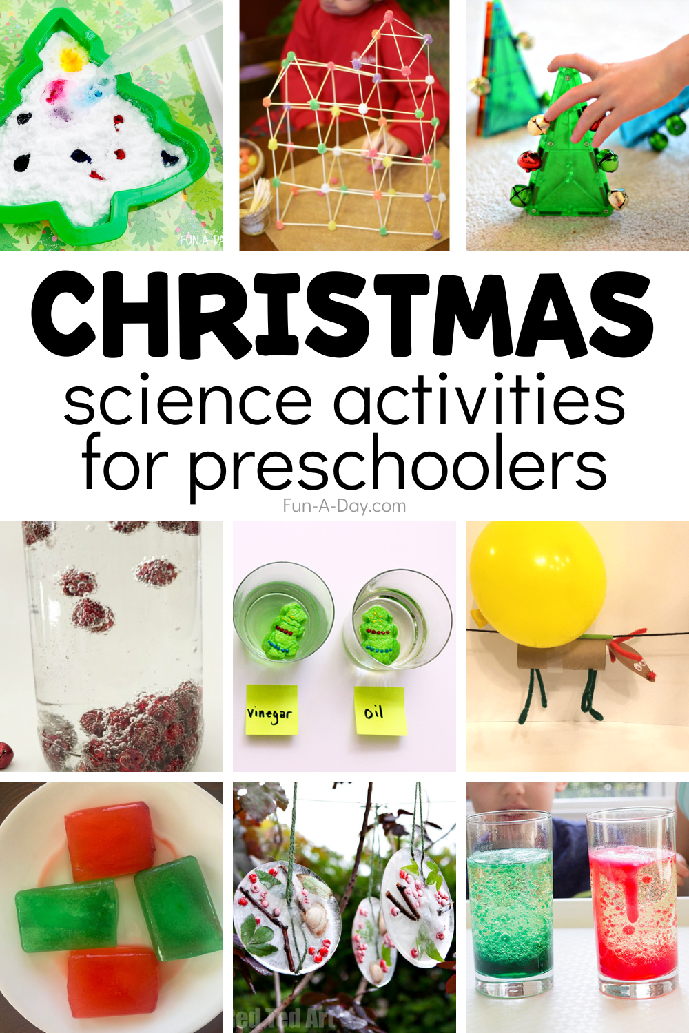 collage of December science experiments with text that reads christmas science activities for preschoolers