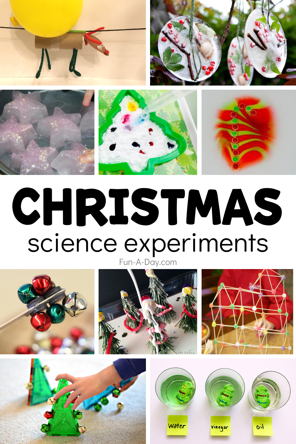 multiple christmas science activities for preschoolers with text that reads christmas science experiments