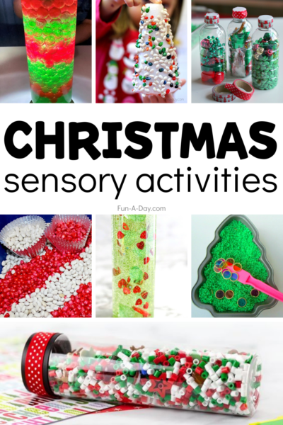 collage of sensory bins and bottles with text that reads christmas sensory activities