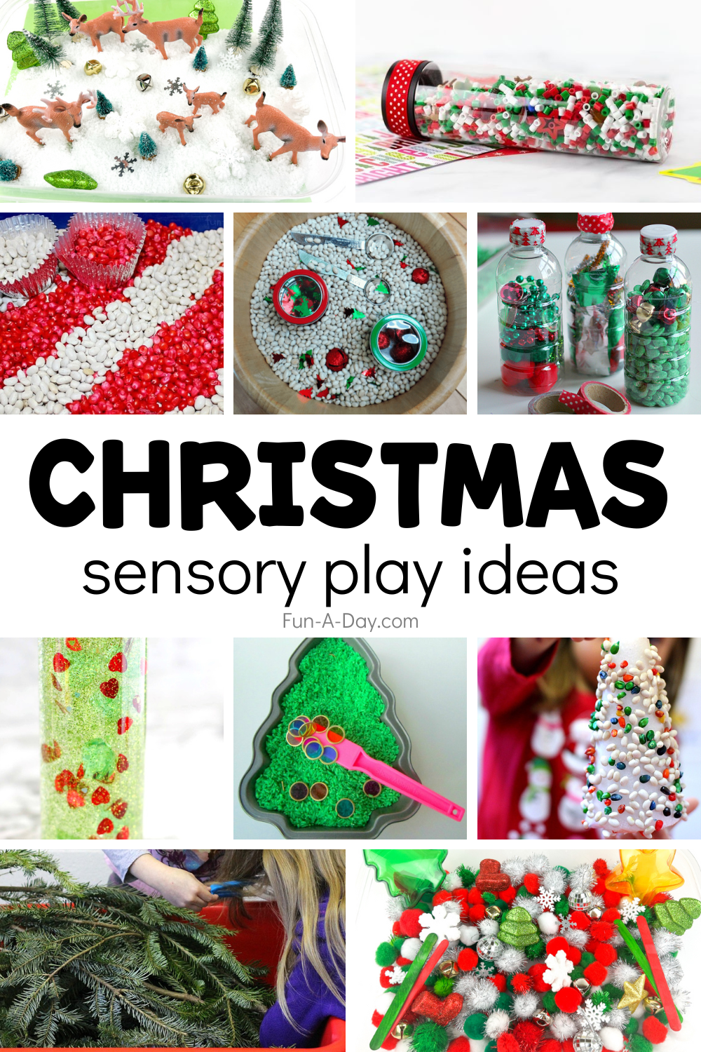 collage of christmas sensory activities with text that reads christmas sensory play ideas