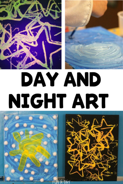 multiple views of canvas art by kids with text that reads day and night art