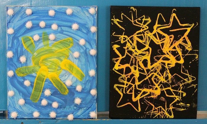 day and night art canvases collaboratively made by preschoolers