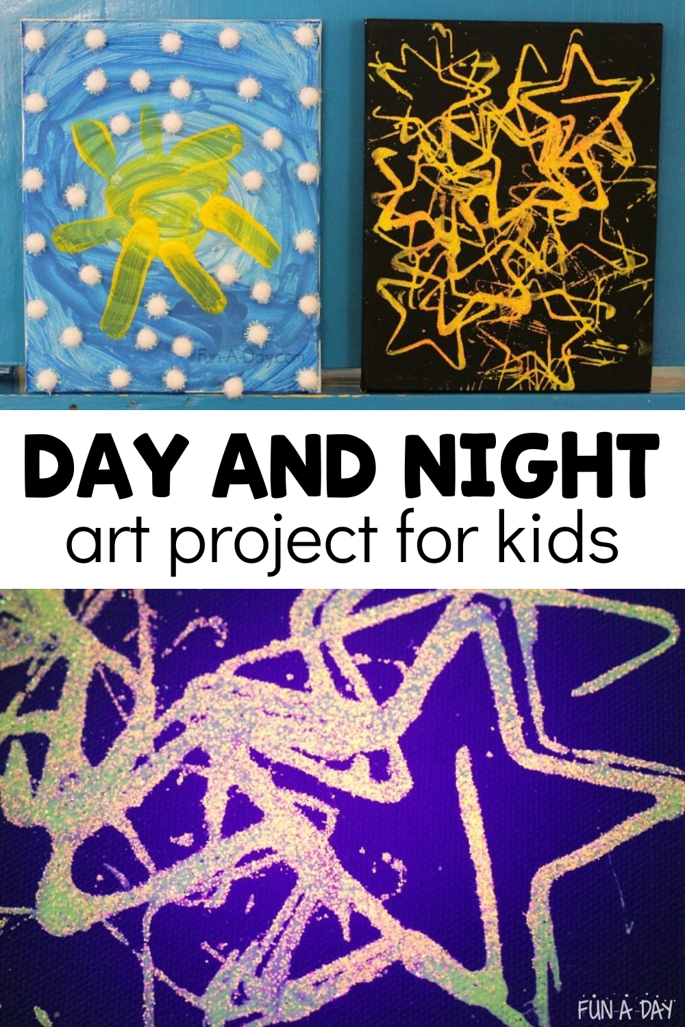 day sky and night sky canvases with text that reads day and night art project for kids
