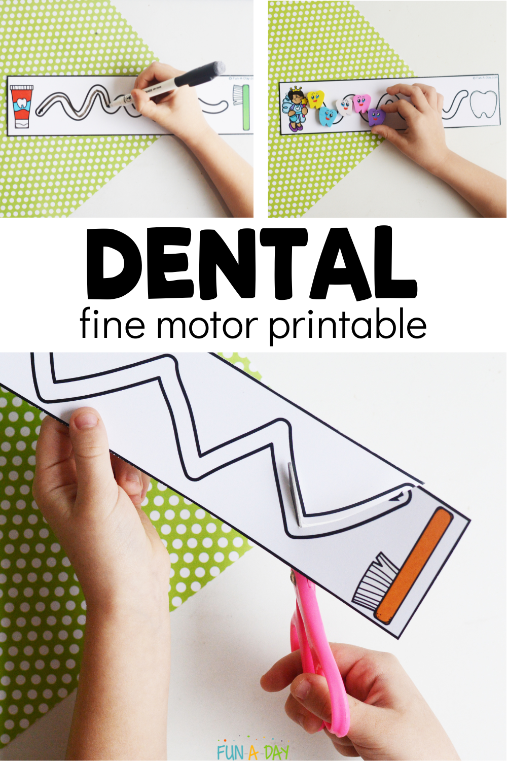 multiple uses of dental cutting strips with text that reads dental fine motor printable