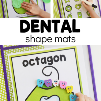 child exploring shapes with various materials and text that reads dental shape mats