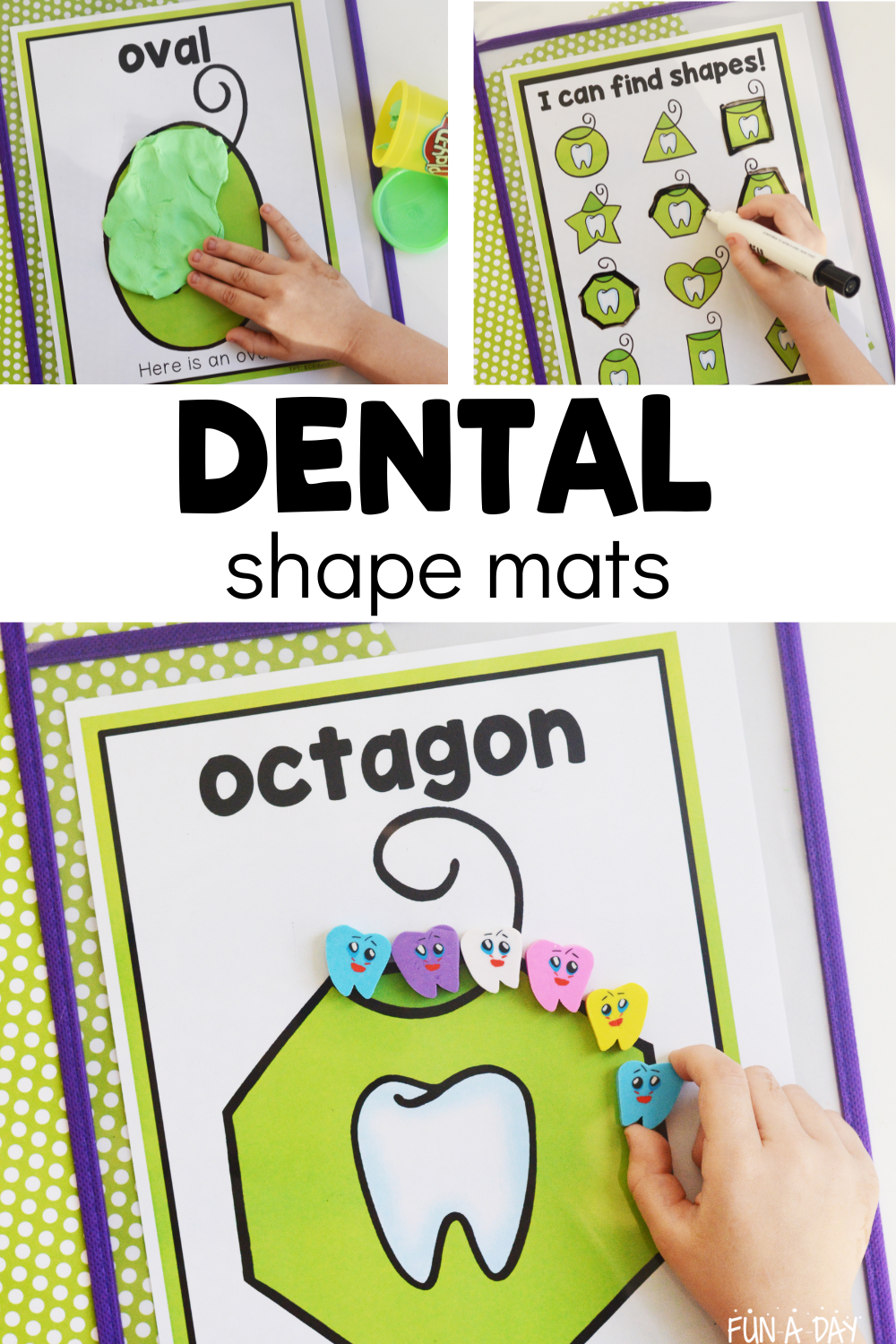 child exploring shapes with various materials and text that reads dental shape mats