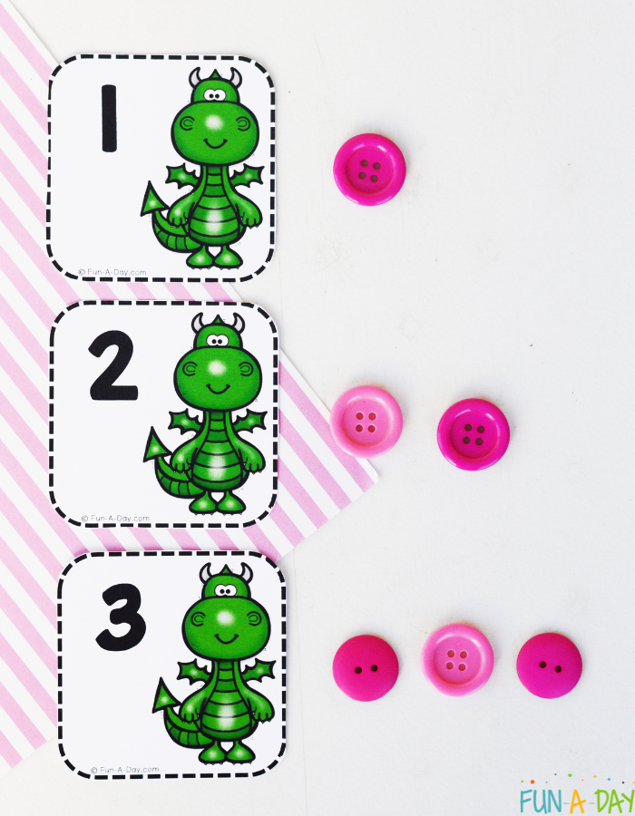 dragon calendar numbers 1, 2, 3 in order vertically with appropriate number of pink buttons next to each