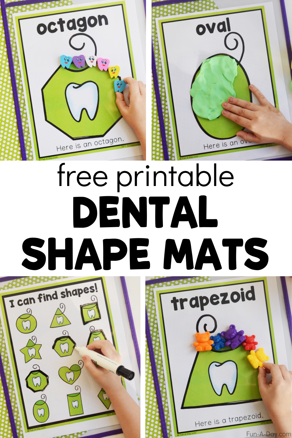 multiple uses of floss-themed printable with text that reads free printable dental shape mats