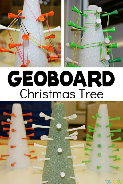 multiple foam trees with golf tees and text that reads geoboard christmas tree