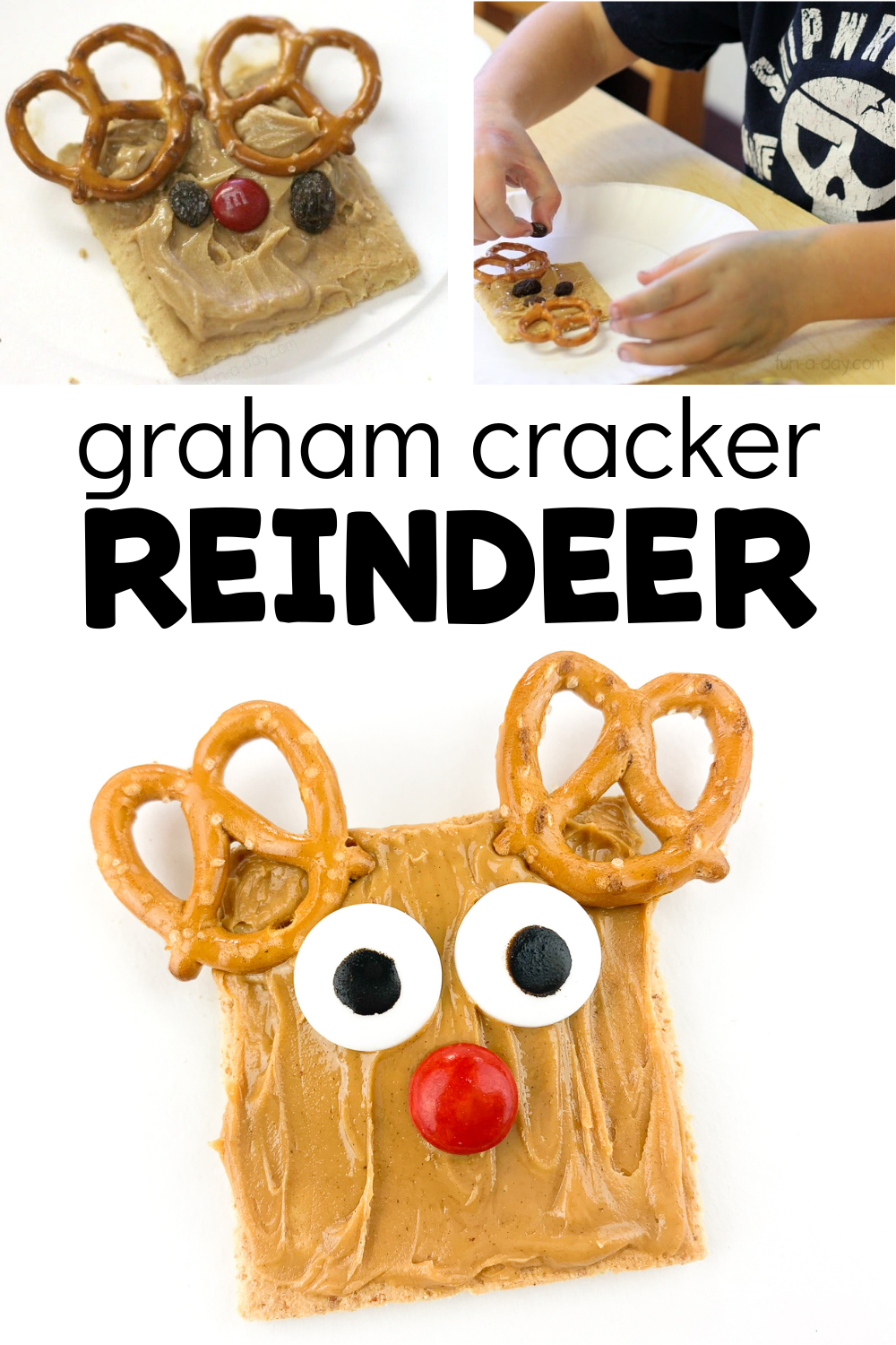 child and 2 versions of reindeer graham cracker snack with text that reads graham cracker reindeer