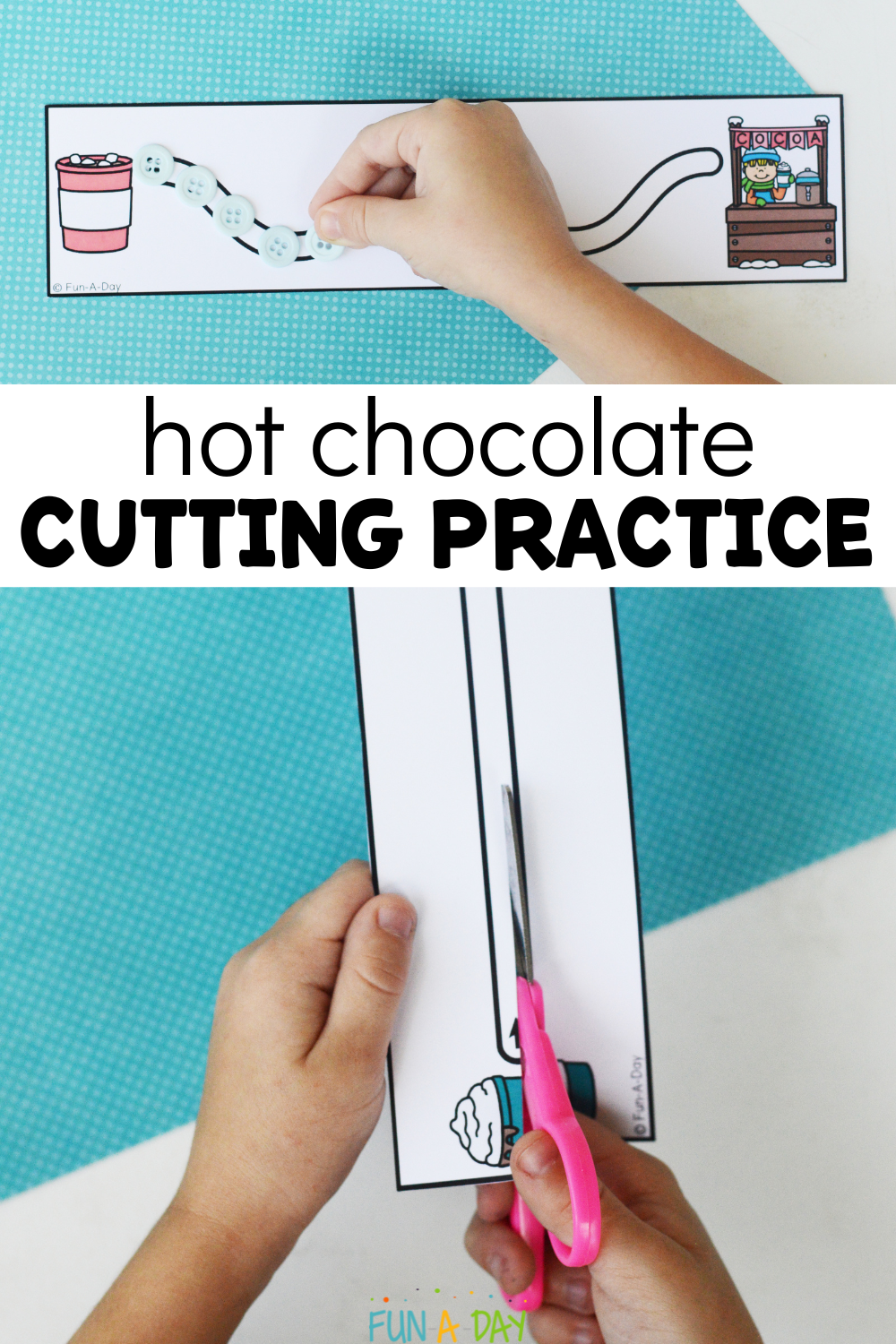 child using hot chocolate cutting strips multiple ways, with text that reads hot chocolate cutting practice