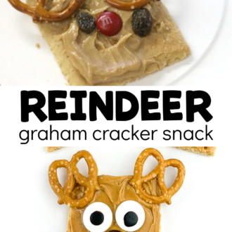 2 versions of reindeer snack with text that reads reindeer graham cracker snack