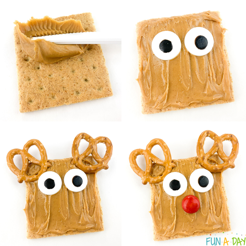 step by step process for making a reindeer graham cracker snack