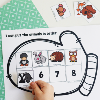 child placing animal cards on a mitten printable with text that reads the mitten sequencing activity
