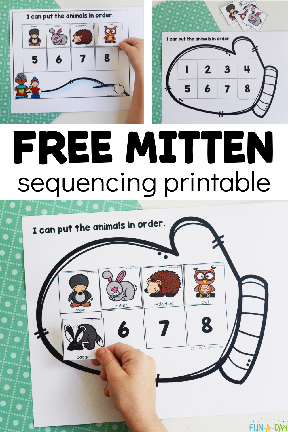 multiple views of kids using the mitten sequencing activity printable with text that reads free mitten sequencing printable