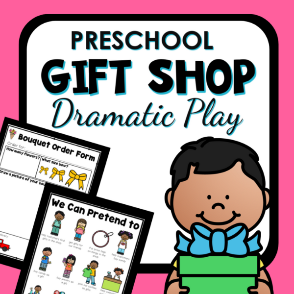 Gift shop dramatic play product cover with two activity examples.