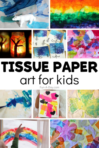10 tissue paper art ideas for kids with text that reads tissue paper art for kids.