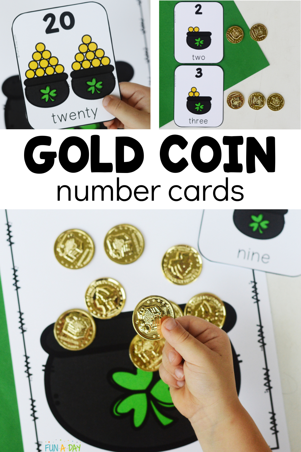 multiple uses of st. patrick's day math printable with text that reads gold coin number cards