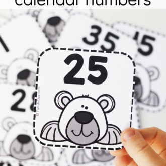 Child holding number 25 over pile of other number cards with text that reads polar bear calendar numbers