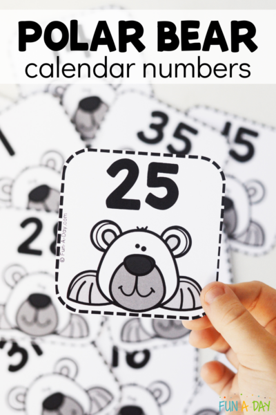Child holding number 25 over pile of other number cards with text that reads polar bear calendar numbers