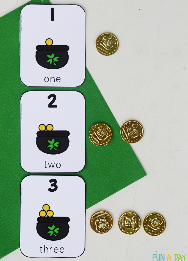 pot of gold number cards 1, 2, 3 with corresponding number of gold coins next to each