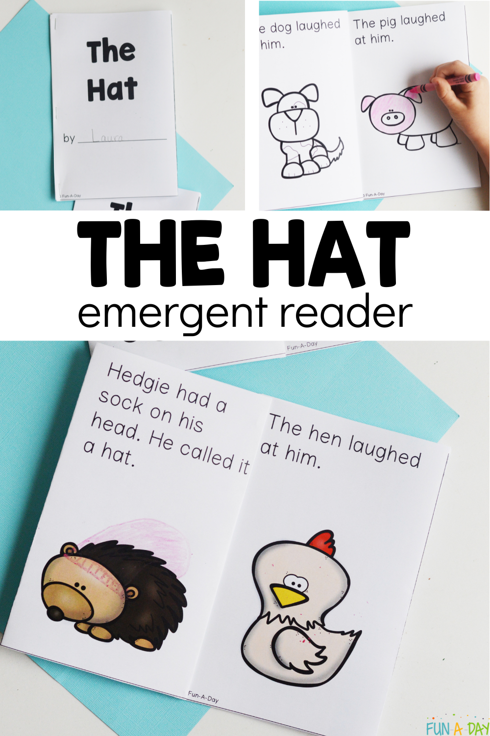 multiple versions of printable book with text that reads the hat emergent reader