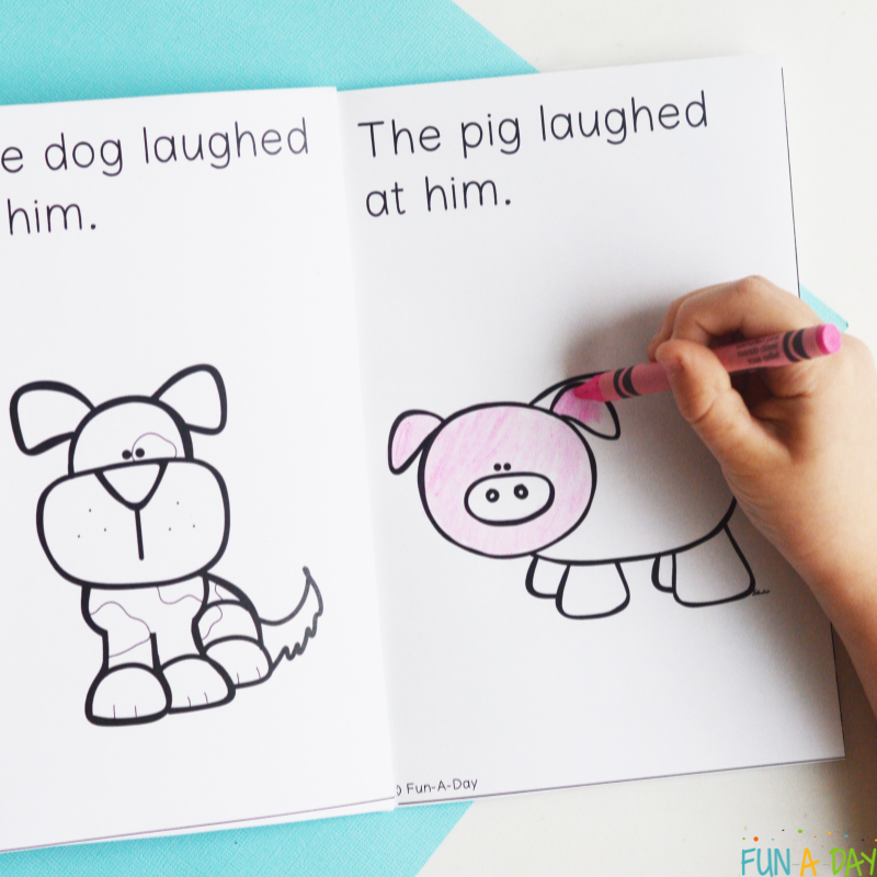 preschooler coloring in a page of the hat printable book that reads the pig laughed at him