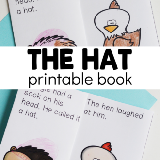 multiple views of emergent reader with text that reads the hat printable book